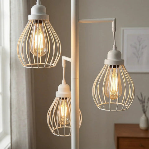 Teardrop Modern LED Floor Lamp With Three Cage Shades For Bedroom Office And Living Room Tall Industrial Standing Tree Lamp With Dope 2700K Warm Edison Bulbs And 550 Lumens Per Bulb Black