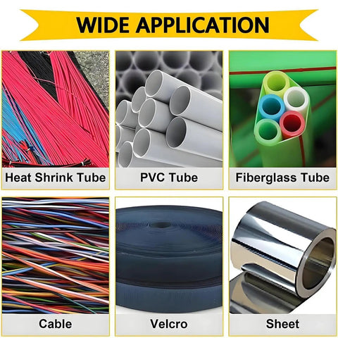Image of various tubes including heat shrink, PVC, fiberglass, and cables highlighting applications for the High Power Automatic Electric Heat Shrink Tube Cutter For PVC PE Pipe 0 1 To 9999 9 Mm Precision Cutting Width Machine Stripper Tool.