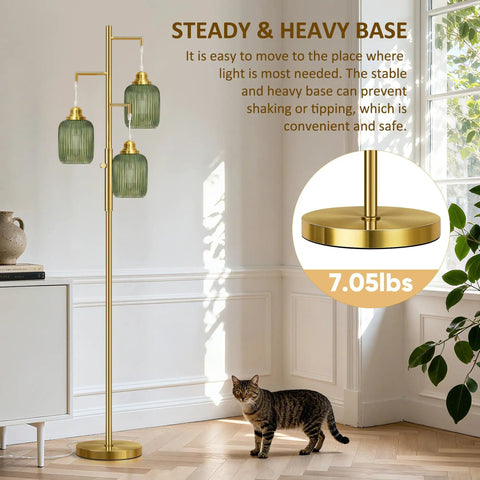 Industrial Dimmable Floor Lamp With Stepless 0 To 100 Brightness, 68 Inch Tall Tree Style Farmhouse Rustic Metal Floor Lamp With 3 LED Bulbs, Black Finish For Living Room, Bedroom, And Home Office, Built To Last on display in living room with steady base.