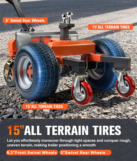 Heavy Duty Electric Trailer Dolly 800W Motor, 48V Lithium Battery Power, 7500 Lbs Cap, with 15" all terrain tires and 8" swivel wheels.