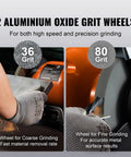 Rock Solid Six Inch Bench Grinder With Beefy Two Point One Amp Brushless Motor And Heavy Duty Adjustable Work Platform For Sharpening Polishing And Metalworking Projects For Weekend Warriors with 36 and 80 grit aluminum oxide wheels.