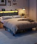 Queen Size Bed Frame With Smart RGB LED Lights And Remote App Control Featuring Over 60000 Custom Colors Quick Charge Hub in modern bedroom setting.
