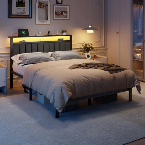 Queen Size Bed Frame With Smart RGB LED Lights And Remote App Control Featuring Over 60000 Custom Colors Quick Charge Hub in modern bedroom setting.