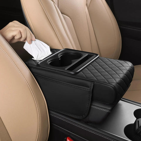 Leather Car Center Console Cover 5 In 1 Multifunctional Armrest Cushion With Cup Holders Phone Slot Tissue Box And Side Pockets