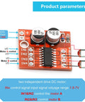 Mini L298N 2 Channel H Bridge DC Motor Driver Board With MX1508 Chip, red PCB, labeled input/output terminals, supply 2-10V