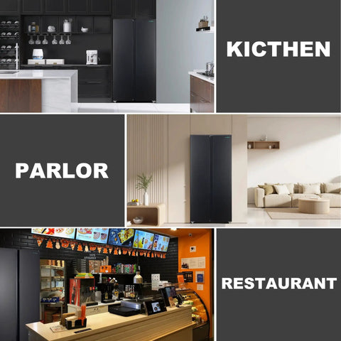 Killer Side By Side Refrigerator In Matte Black Offering 15.6 Cubic Feet Of Straight Up Family Storage Plus Huge Freezer Section For Your Ultimate Kitchen Flex in modern kitchen and parlor settings.