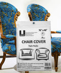 Clear Heavy Duty Chair Covers Set Of 2 Made From 2 Mil Polyethylene, water resistant packaging in front of blue upholstered chairs