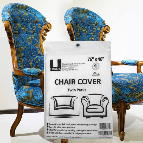 Clear Heavy Duty Chair Covers Set Of 2 Made From 2 Mil Polyethylene, water resistant packaging in front of blue upholstered chairs