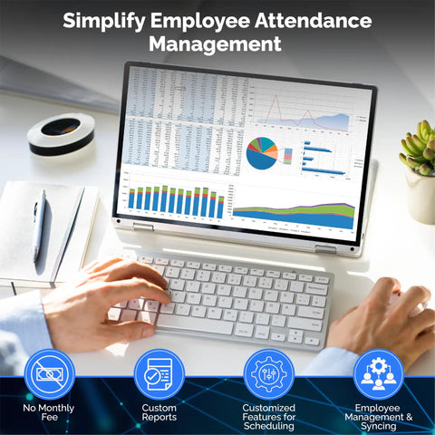 No Sweat Time Clock Terminal For Small Business Crews With Dead Simple WiFi Access Zero Monthly Charges showing benefits on laptop.