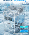 Countertop Ice Maker With 45 Lbs Per Day Output And Self Priming Water Supply Delivers Crystal Clear Ice Cubes In 13 Minutes, showing self-cleaning feature with ice background.