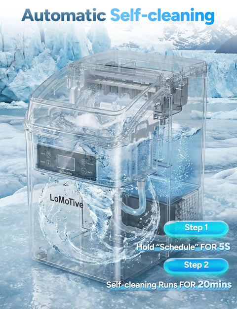Countertop Ice Maker With 45 Lbs Per Day Output And Self Priming Water Supply Delivers Crystal Clear Ice Cubes In 13 Minutes, showing self-cleaning feature with ice background.
