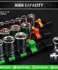 Pro Grade Socket Clip Rail Organizer Kit 6 Piece Set, heavy duty ABS holder with SAE and metric sockets on display