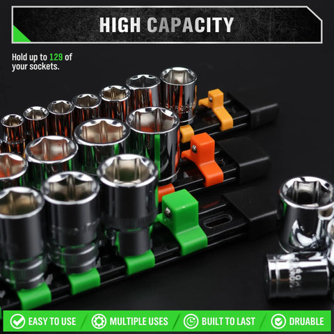 Pro Grade Socket Clip Rail Organizer Kit 6 Piece Set, heavy duty ABS holder with SAE and metric sockets on display