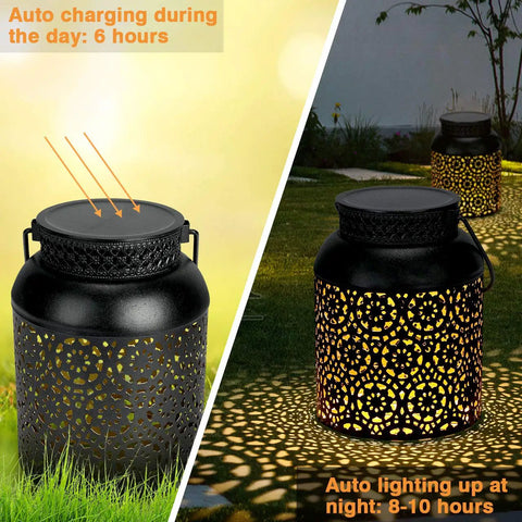 Outdoor Solar Lanterns Pack of 2 Waterproof Hanging Lanterns With Handles, metal solar lights charging and glowing at night