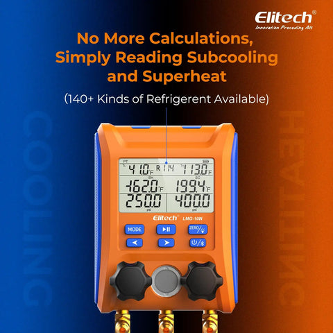 Wireless HVAC Manifold With Data Logging, Affordable Pro Tool For Pressure Hold Tests And Vacuum Leak Detection, Real Time Readouts, Easy To Use, Built For Professional Techs; orange digital gauge front view