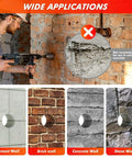 Front view of tungsten carbide core drill bit set with SDS adapter drilling a brick wall; circular inset shows concrete wall.