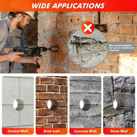 Front view of tungsten carbide core drill bit set with SDS adapter drilling a brick wall; circular inset shows concrete wall.