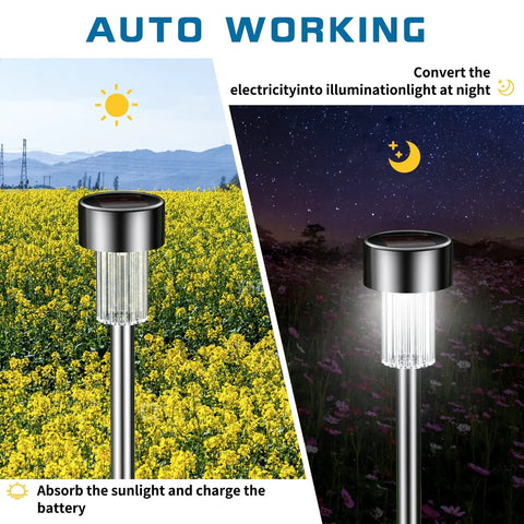 Day and night view of 12 Pack Solar Garden Lights Waterproof Path Lights Stainless Steel LED Outdoor Lighting