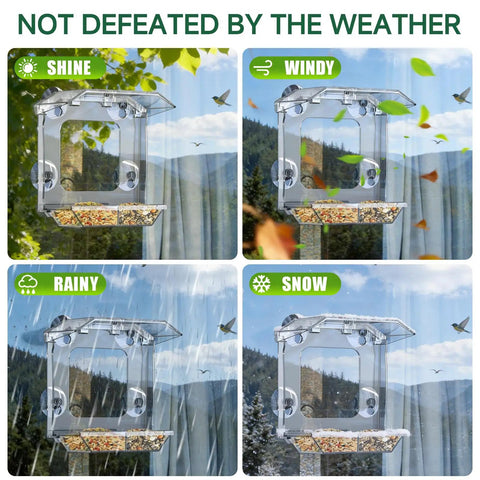 Window Bird Feeder With 4 Ultra Strong Suction Cups, Clear Dual Seed Tray, Easy To Install And Clean, View Wild Birds From Inside in various weather conditions