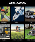 Image displaying applications of a portable fuel transfer pump for chainsaw, yacht, RV, truck, farm machinery, and weed trimmer.