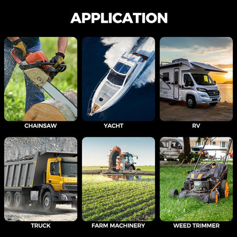 Image displaying applications of a portable fuel transfer pump for chainsaw, yacht, RV, truck, farm machinery, and weed trimmer.