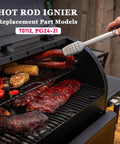 Outdoor grill in use with various meats and vegetables cooking, showing hot rod ignitor replacement parts for 70112, PG24-21 models.