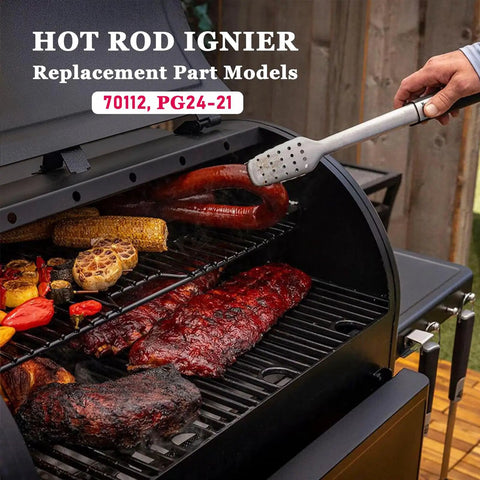 Outdoor grill in use with various meats and vegetables cooking, showing hot rod ignitor replacement parts for 70112, PG24-21 models.