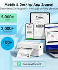 No Sweat Portable Bluetooth Thermal Shipping Label Printer For Hustling Merchants Fast Wireless 4x6 Address Label Maker Compatible With Iphone Android Windows Mac Etsy Shopify Usps White with app interface on devices.