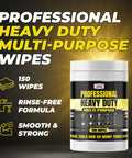 Label of Heavy Duty Multi Purpose Wipes showing 150 wipes, rinse-free, smooth & strong formula for tools and surfaces.