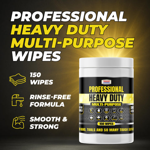 Label of Heavy Duty Multi Purpose Wipes showing 150 wipes, rinse-free, smooth & strong formula for tools and surfaces.