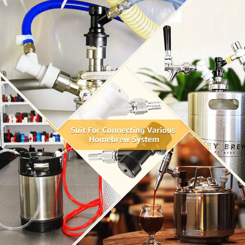 5 Pair Ball Lock Quick Disconnect Set For Corny Kegs Homebrewing With Barbed Nut Adapters, Gas And Liquid Disconnects, Includes 5/16 Inch Gas Barb Nut And 1/4 Inch Beer Barb Nut Adapters, shown connected to keg lines