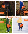 Seed And Fertilizer Spreader Handheld Lawn And Salt Spreader Type C in use for seeding, feeding, weeding, and melting ice.