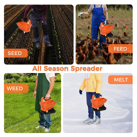 Seed And Fertilizer Spreader Handheld Lawn And Salt Spreader Type C in use for seeding, feeding, weeding, and melting ice.