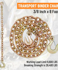 3/8 Inch Binder Chain With Clevis Grab Hooks 8 Ft Trailer Safety Chain Grade 70 Standard Duty Tow Chain 6,600 Pound Working Load Limit