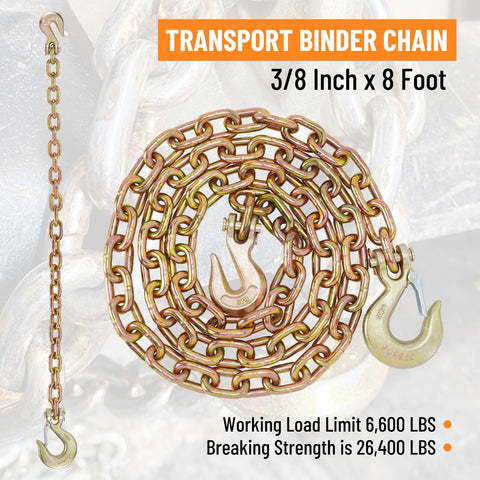 3/8 Inch Binder Chain With Clevis Grab Hooks 8 Ft Trailer Safety Chain Grade 70 Standard Duty Tow Chain 6,600 Pound Working Load Limit