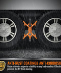 X Shaped Wheel Chocks For Travel Trailers With Drill Adjust, installed on dual tires, orange, anti-rock on slopes and rough roads