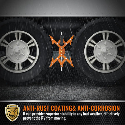 X Shaped Wheel Chocks For Travel Trailers With Drill Adjust, installed on dual tires, orange, anti-rock on slopes and rough roads