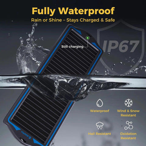 12V Solar Battery Charger And Maintainer Kit With Waterproof Portable Panel and Built In Charge Controller submerged in water