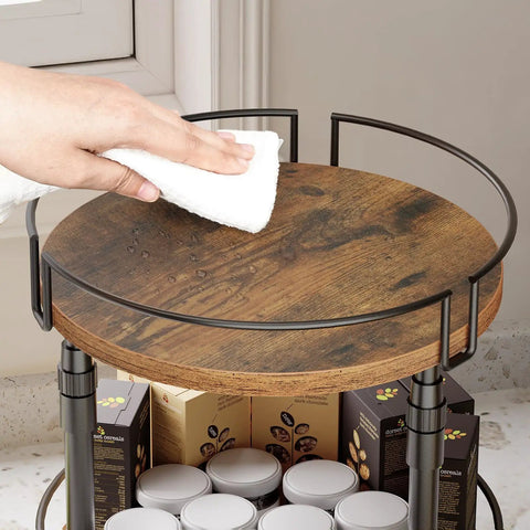 Hand cleaning the top of Smooth Spin Two Tier Lazy Susan Spice Rack Organizer With Adjustable Height For Kitchen Counter.