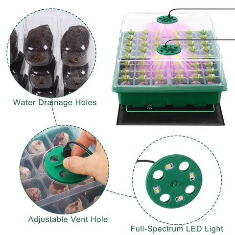 Seed Starter Kit With Grow Light And Heat Mat, 48 Cell Seed Tray, Humidity Dome And Base Germination Trays, Plastic Propagation Kit For Easy Seed Starting, Green
