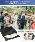 Portable External CD DVD Drive For Laptop With USB 3 0 Type C Black Slim Optical Drive Burns CDs DVDs Plays Rips And Backups Fast Plug And Play For Laptop Mac PC With Easy Data Transfer And Media Playback; black slim external drive with wedding photo display