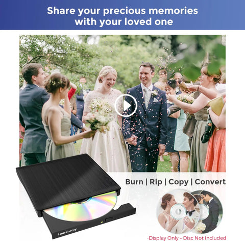 Portable External CD DVD Drive For Laptop With USB 3 0 Type C Black Slim Optical Drive Burns CDs DVDs Plays Rips And Backups Fast Plug And Play For Laptop Mac PC With Easy Data Transfer And Media Playback; black slim external drive with wedding photo display