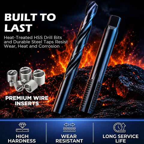 Top Shelf Sae Thread Repair Kit With Hss Drill Bits And Iron Tough Taps Includes Thread Inserts Installation Tools And Break Off Sets For Stripped Threads Hot Rod Builds And Metal Fabrication, featuring heat-treated drill bits and durable taps.