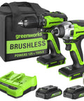 Beefy 24V Brushless Drill Driver And One Quarter Inch Impact Driver Combo Kit With Dual USB Power Bank Batteries, Dual Port Charger, LED Light, Two Driving Bits, And Durable Tool Bag displayed
