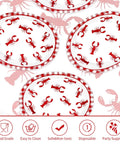 50 Pack Crawfish Boil Disposable Paper Plates Red Grid Oval Heavy Duty Design For Seafood Feasts Backyard Kickbacks Measuring 10X12 Inches laid out with red lobster designs.