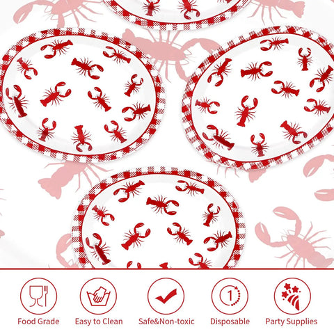 50 Pack Crawfish Boil Disposable Paper Plates Red Grid Oval Heavy Duty Design For Seafood Feasts Backyard Kickbacks Measuring 10X12 Inches laid out with red lobster designs.