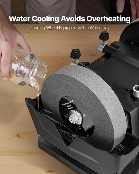Shop Grade 8 Inch Wet Stone Grinder, Water Cooled Knife Sharpening Machine With Flex Pivot Head, close-up of water tray