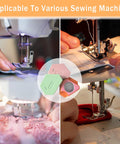 Three-pack magnetic seam guides for sewing machines; pastel hexagonal shapes with scale (pink, green, orange)
