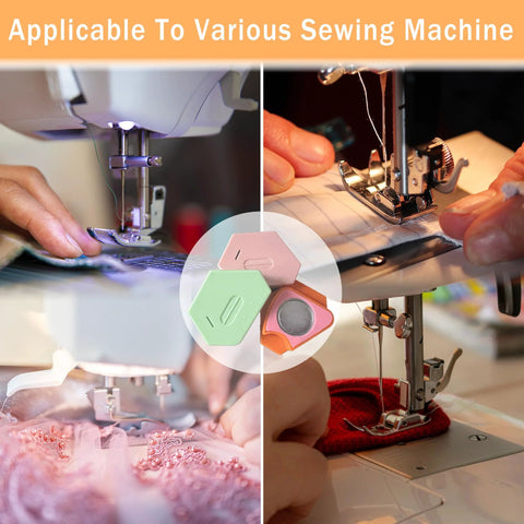 Three-pack magnetic seam guides for sewing machines; pastel hexagonal shapes with scale (pink, green, orange)