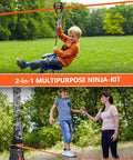 Child on 65 Foot Backyard Ninja Zipline And Slackline Kit For Kids And Adults With Pulley And Tree Protectors in outdoor setting.